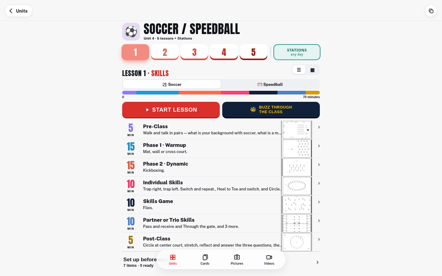 Soccer and Speedball Lesson 1 overview with lesson choices, stations, activity phases, and visual setup previews