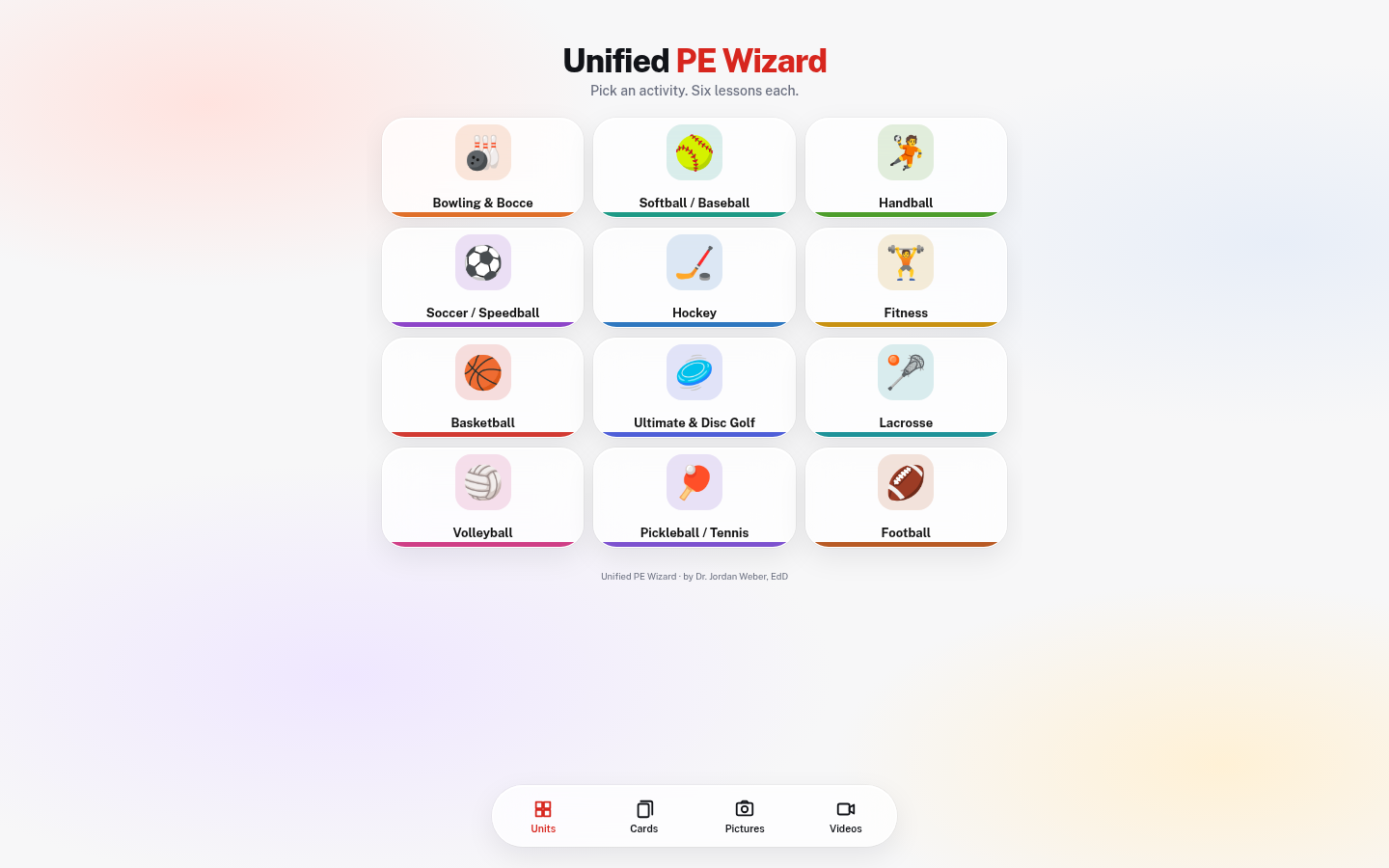 Unified PE Wizard Units home screen showing twelve activity units and Cards, Pictures, and Videos navigation