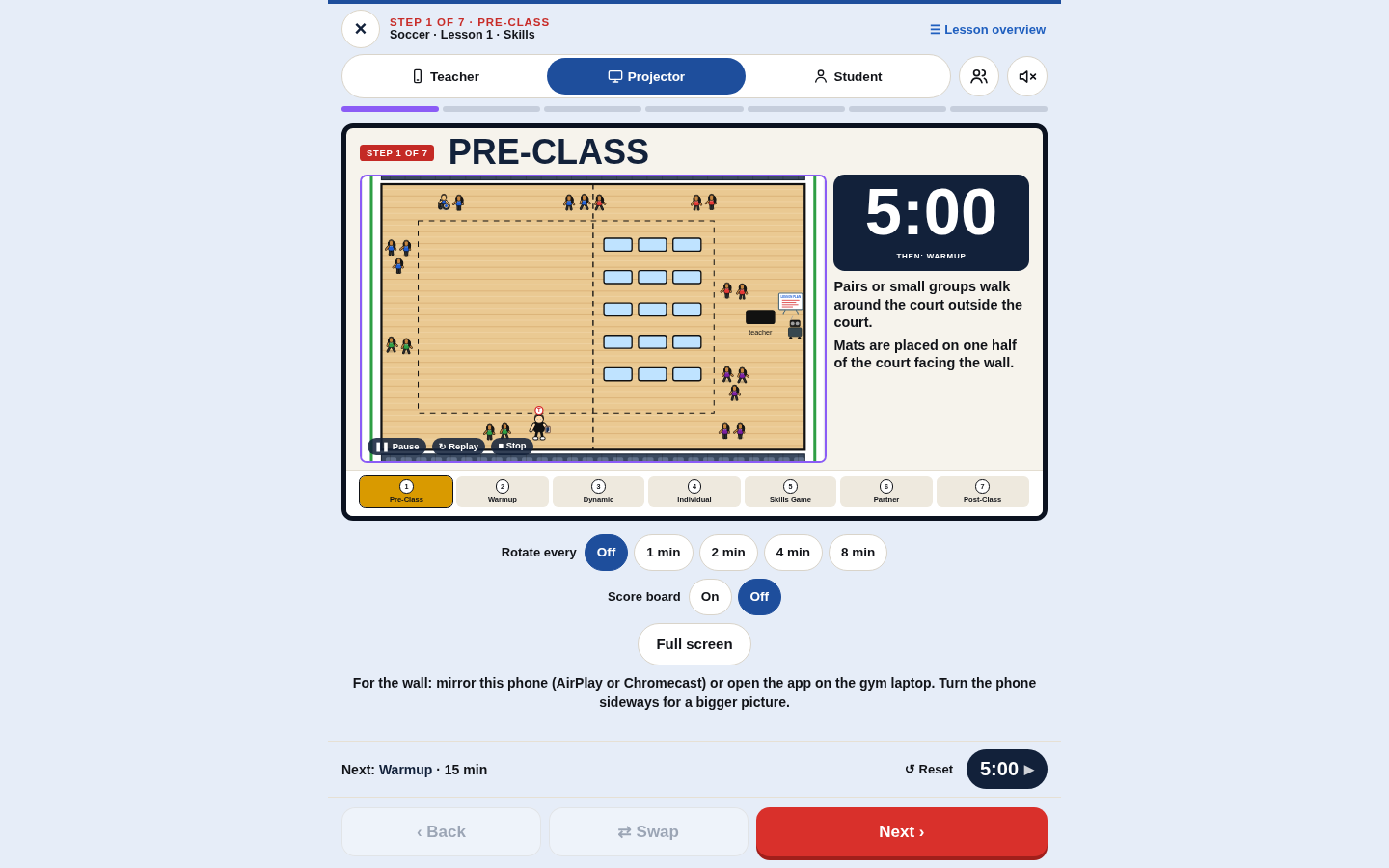 Soccer lesson Projector view showing the pre-class visual setup, a five-minute timer, and Teacher, Projector, and Student choices