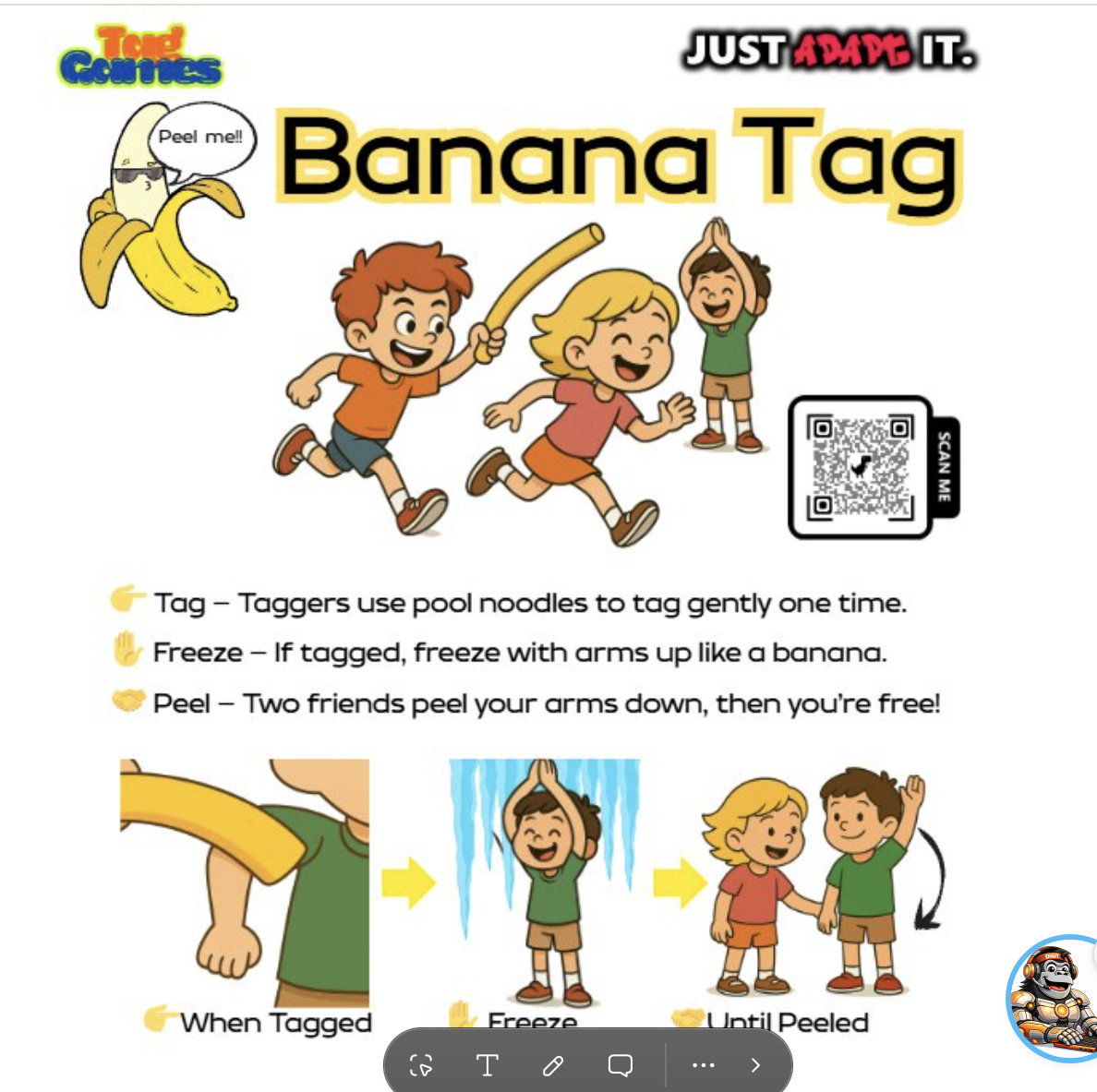 Banana Tag rules visual: tag with a pool noodle, freeze with arms up like a banana, two friends peel you free